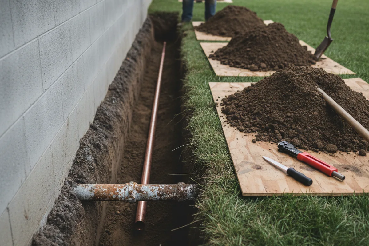 Excavated water line trench during Water Softener Installation in Sikeston